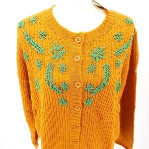 PEPALOVES Beaded Oversized Cardigan Sweater Yellow Mustard Green XS S M